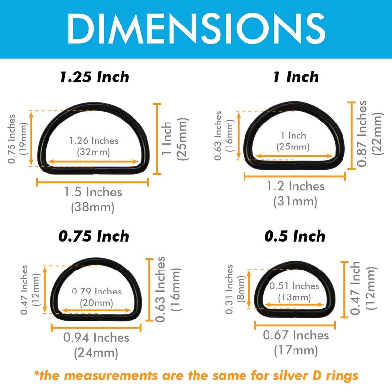 Millennial Essentials Metal D Ring Non Welded D-Rings Electroplated Black Assorted 0.5 Inch, 0.75 Inch, 1 Inch, 1.25 Inch (100 Pack) - Image 3